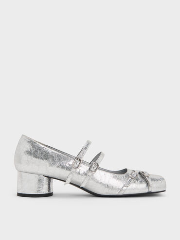 Metallic Crinkle-Effect Double-Strap Mary Jane Pumps, Silver, hi-res