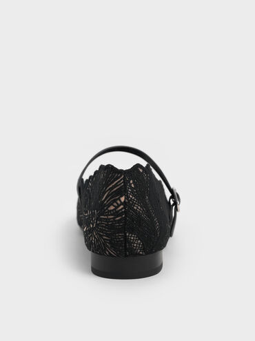 Crochet Floral Mary Jane Flats, Black Textured, hi-res