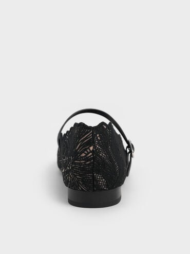 Crochet Floral Mary Jane Flats, Black Textured, hi-res