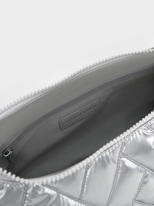 Nylon Chevron Shoulder Bag, Silver, hi-res