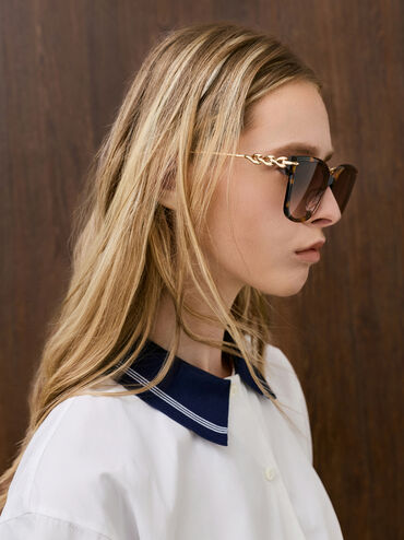 Kris Tortoiseshell Chain-Detail Sunglasses, T. Shell, hi-res