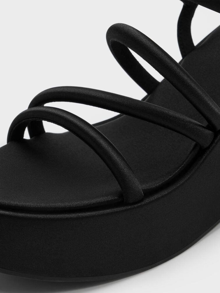 Lindon Satin Strappy Platform Wedges, Black Textured, hi-res