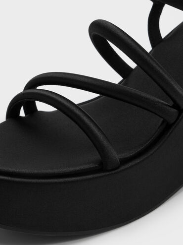 Lindon Satin Strappy Platform Wedges, Black Textured, hi-res