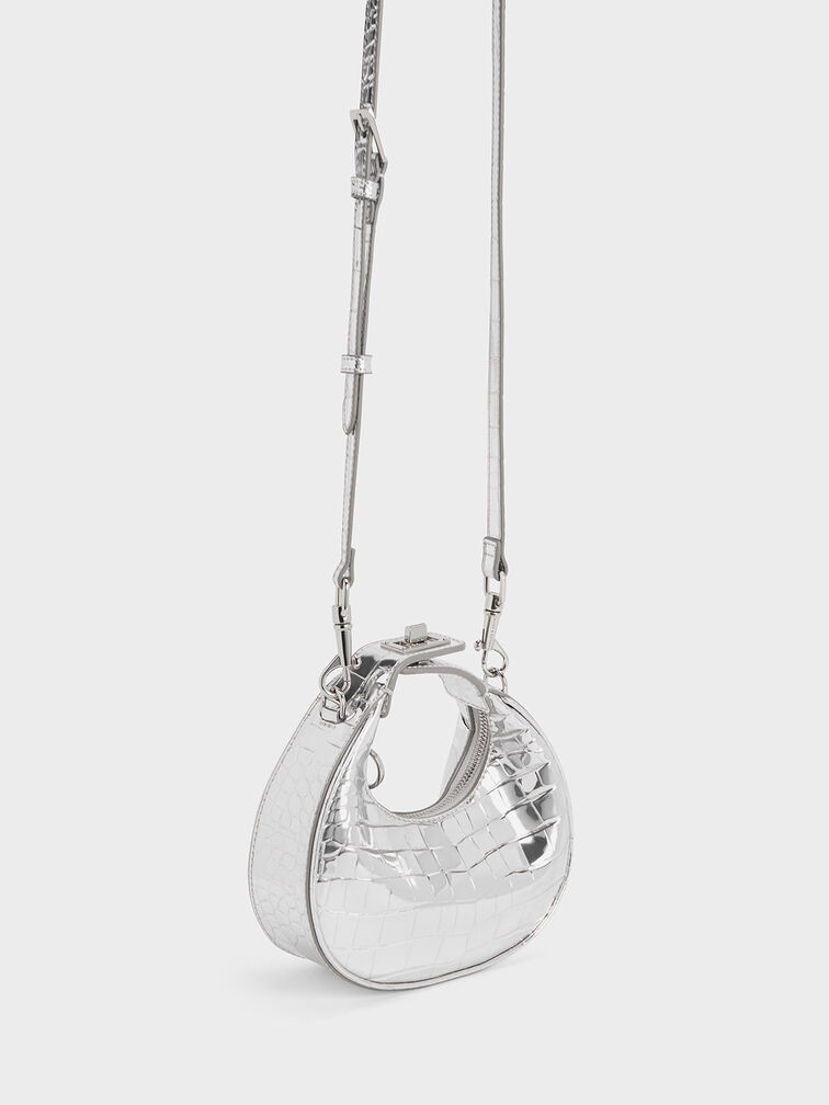 Mini Croc-Effect Metallic Moon Bag, สีเงิน, hi-res