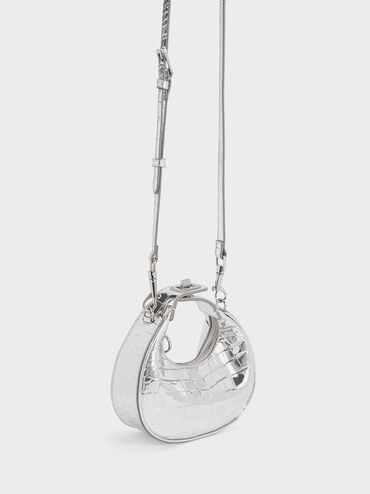 Mini Croc-Effect Metallic Moon Bag, สีเงิน, hi-res