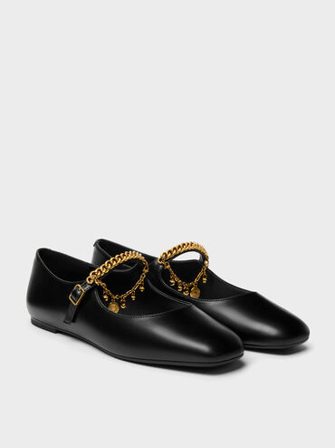 Double-Chain Charm Mary Jane Flats, Black, hi-res
