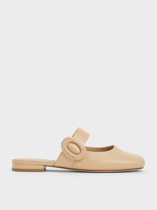 Oval-Buckle Flat Mules, สีเบจ, hi-res