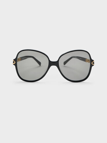 แว่นตากันแดดทรงผีเสื้อดีเทลโซ่วัสดุอะซิเตทรีไซเคิลรุ่น Delaney, สีดำ, hi-res