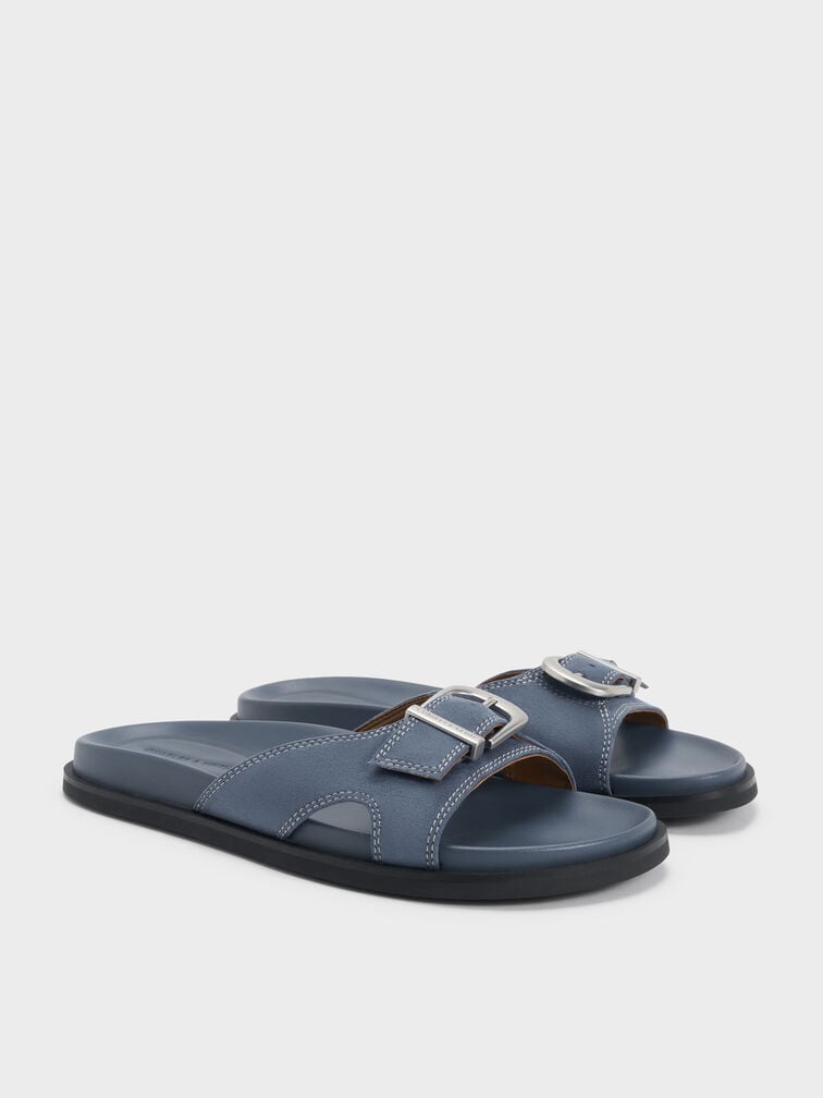 Faux Suede Stitch-Trim Buckled Slides, Blue, hi-res