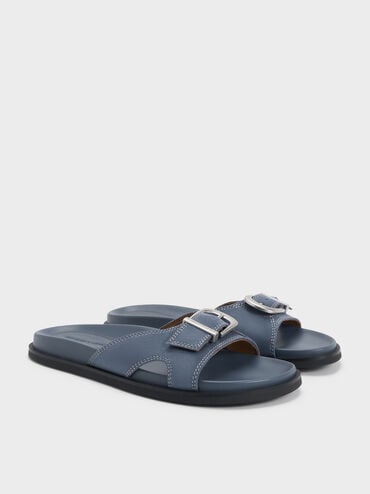 Faux Suede Stitch-Trim Buckled Slides, Blue, hi-res