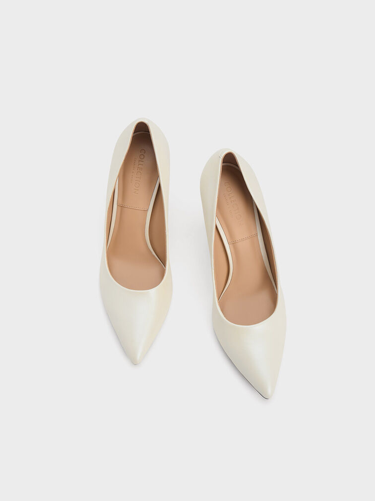 Leather Flare Heel Pumps, สีขาว, hi-res