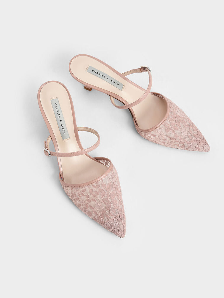 Lace & Mesh Embellished-Buckle Mules, , hi-res