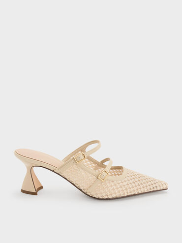 Raffia Sculptural-Heel Pointed Mules, Beige, hi-res