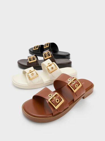 Buckled Double Strap Slide Sandals, สีดำ, hi-res