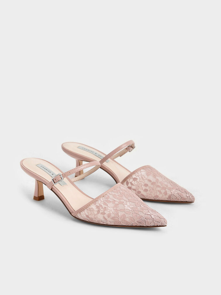 Lace & Mesh Embellished-Buckle Mules, , hi-res