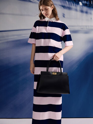 กระเป๋าสะพายข้างทรง Satchel ดีไซน์หูจับด้านบนรุ่น Lennie, สีดำ, hi-res
