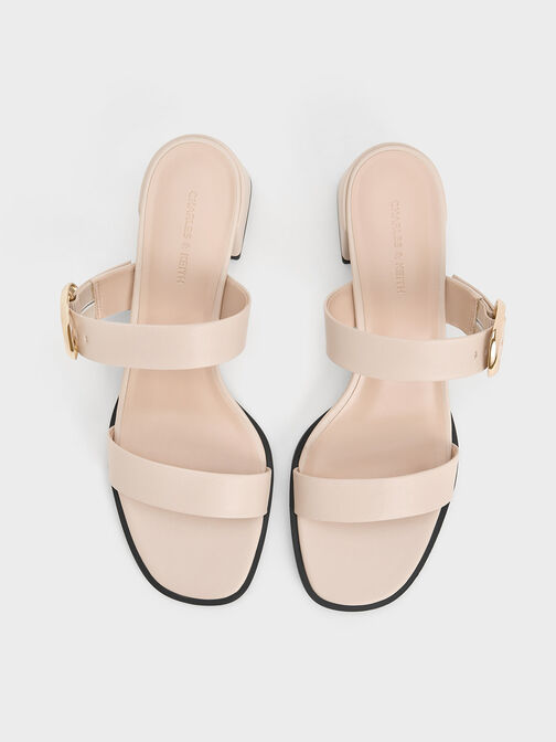 Oval Buckle-Accent Trapeze-Heel Mules, Nude, hi-res