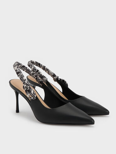 รองเท้าปิดส้นหนังแท้พร้อมสายรัดข้อเท้าด้านหลังประดับผ้าพิมพ์ลายรุ่น Tayari, สีดำ, hi-res