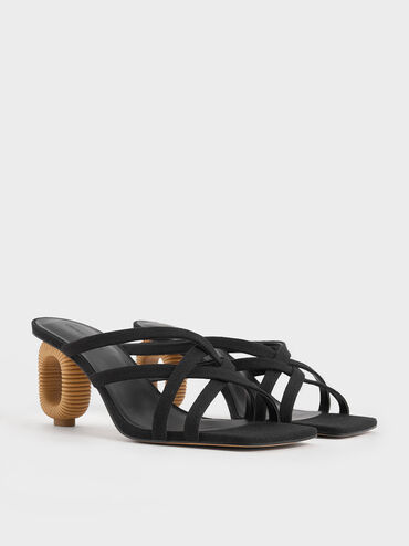 Linen Sculptural-Heel Strappy Mules, Black Textured, hi-res
