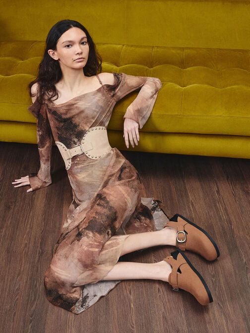 Suede Buckled Slingback Mules, Brown, hi-res