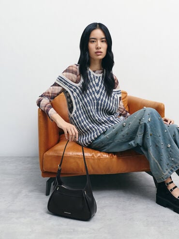 Clarice Pleated Shoulder Bag, Black, hi-res