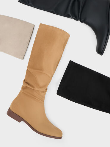 Textured Ruched Knee-High Boots, Black Textured, hi-res