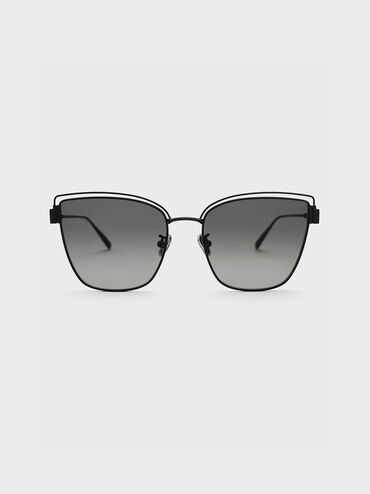 Wire-Frame Cat-Eye Sunglasses, สีดำ, hi-res