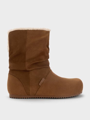 Faux Suede & Faux Shearling Ruched Fold-Over Boots, Brown, hi-res