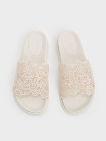 Crochet Floral Slide Sandals, White, hi-res