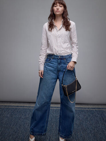 กระเป๋าสะพายไหล่ลายหนังจระเข้ตกแต่งสายโซ่รุ่น Elspeth, สีดำลายหนังจระเข้, hi-res