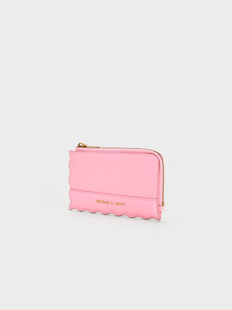 Wavy Trim Zip Wallet, สีชมพู, hi-res