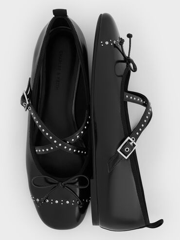 Studded Crossover-Strap Mary Jane Flats, Black Boxed, hi-res