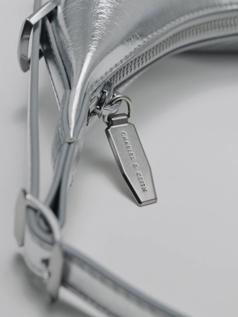 Bryna Metallic Curved Hobo Bag, Silver, hi-res