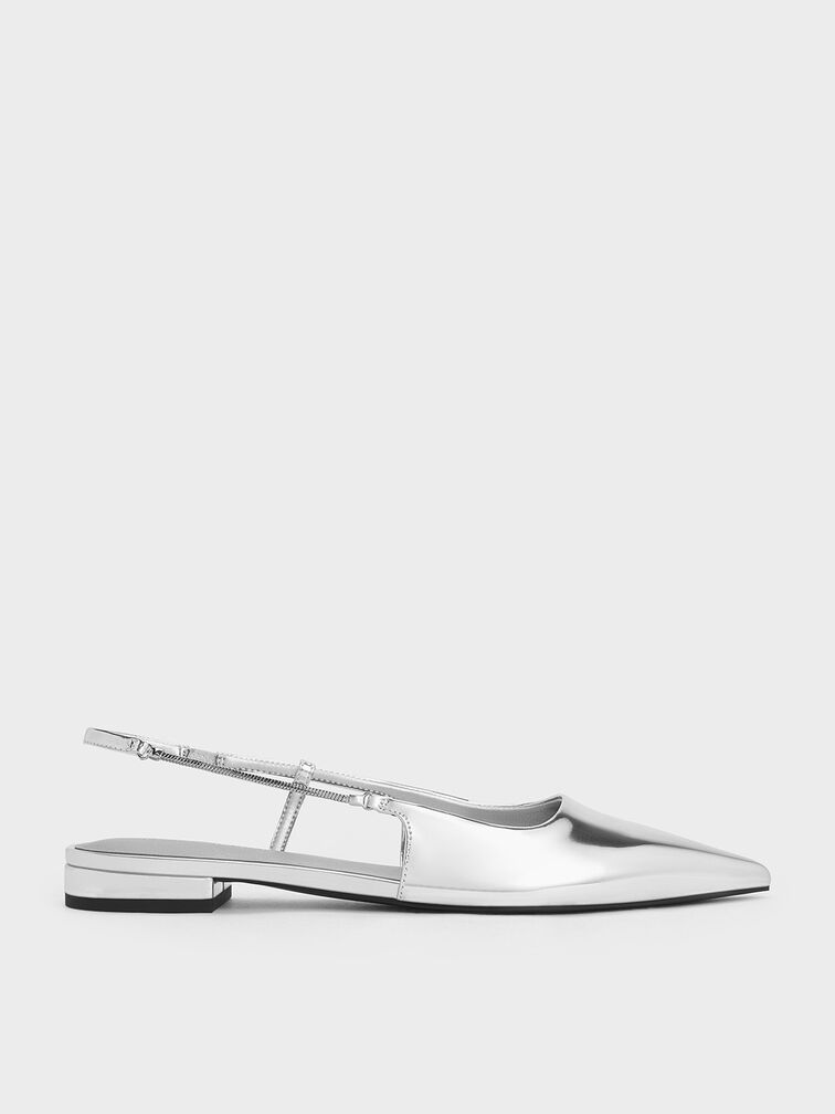 Metallic Chain-Strap Pointed-Toe Slingback Flats, Silver, hi-res