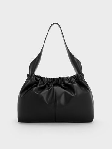 Large Ally Ruched Slouchy Bag, สีดำอะไหล่สีเงิน, hi-res