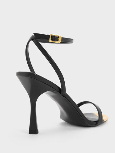 Metallic Cap Ankle-Strap Heeled Sandals, สีดำ, hi-res