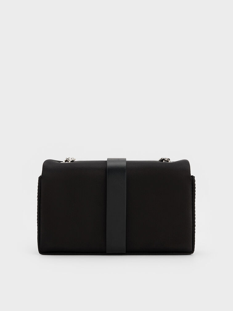 Satin Crystal-Buckle Belted Chain-Handle Bag, Noir, hi-res