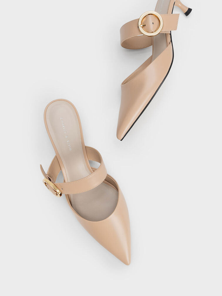 Buckled Strap Spool Heel Mules, Nude, hi-res