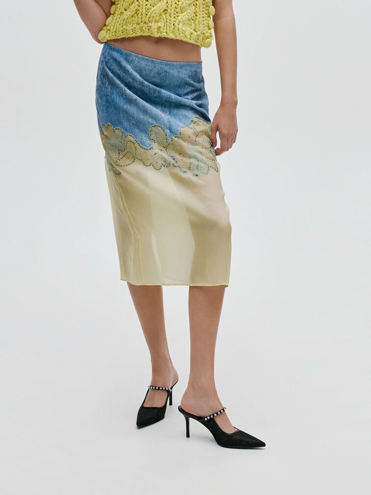 รองเท้าเปิดส้นดีไซน์ลูกไม้และผ้าซาติน, สีแบล็คเท็กซ์เจอร์, hi-res