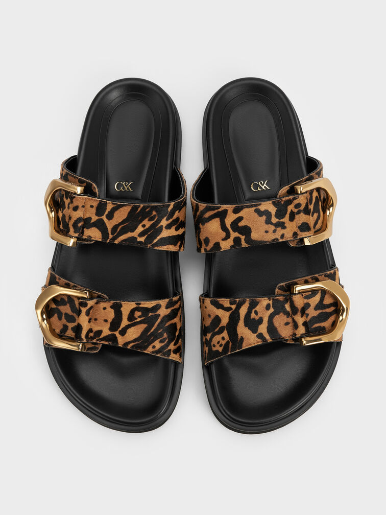 Gabine Leopard-Print Gold-Buckle Leather Slides, Animal Print Brown, hi-res