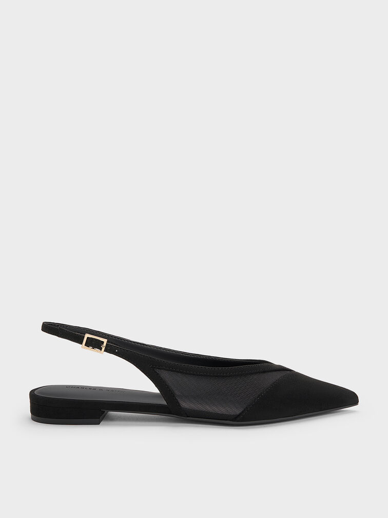 Faux Suede & Mesh Slingback Flats, Black Textured, hi-res