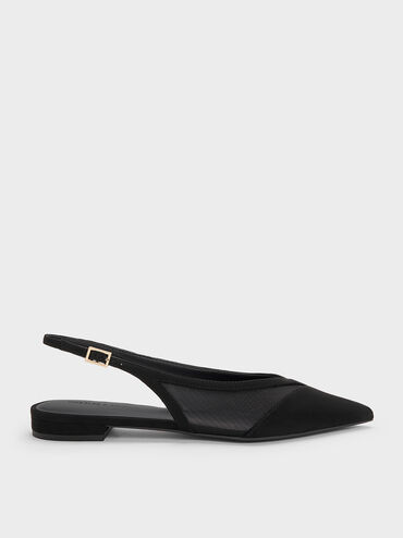 Faux Suede & Mesh Slingback Flats, Black Textured, hi-res