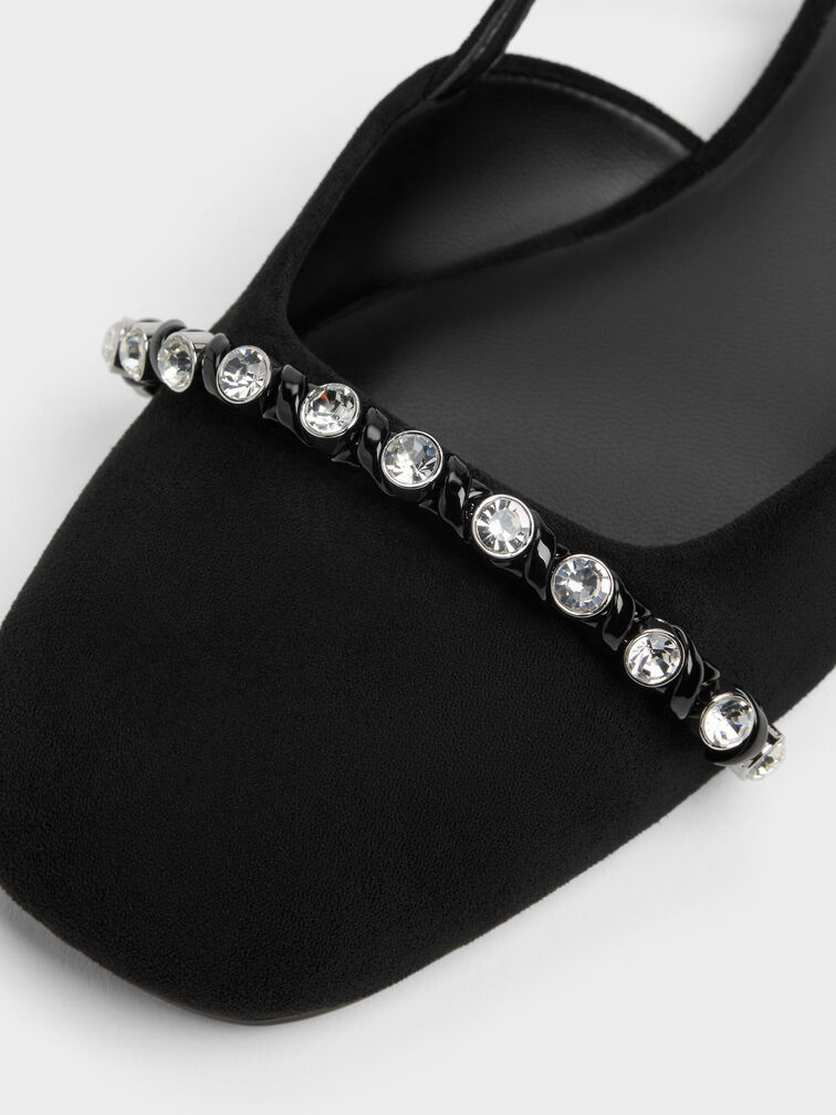 Faux Suede Crystal Slingback Flats, Black Textured, hi-res