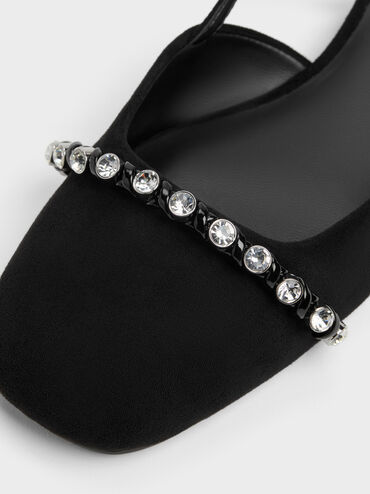 Faux Suede Crystal Slingback Flats, Black Textured, hi-res