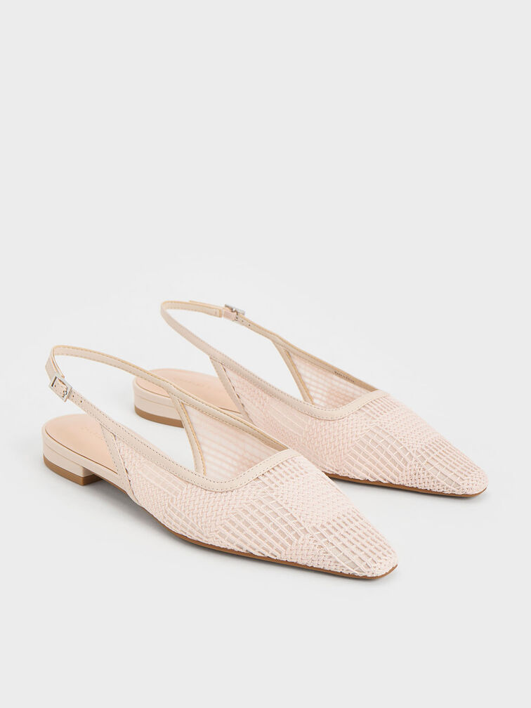 Mesh Woven Slingback Flats, Cream, hi-res