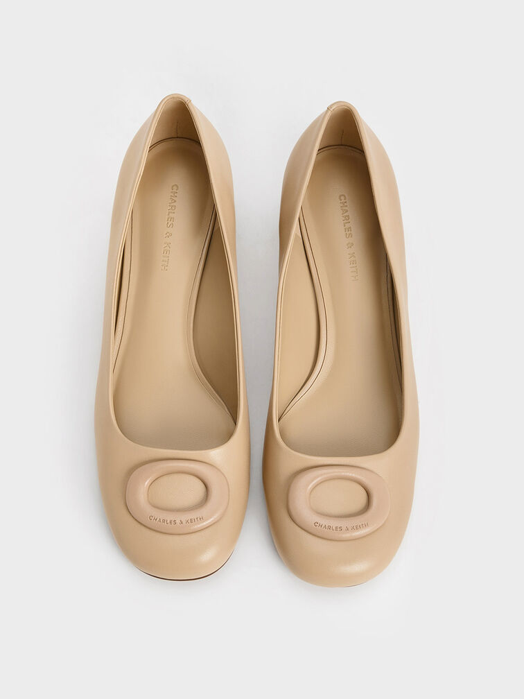 Oval Trapeze-Heel Pumps, Beige, hi-res