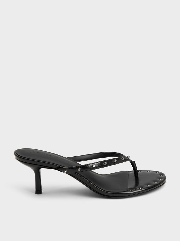 รองเท้าแตะหนีบส้นสูงประดับหมุดรุ่น Briella, สีดำ, hi-res