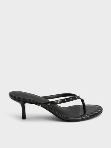 รองเท้าแตะหนีบส้นสูงประดับหมุดรุ่น Briella, สีดำ, hi-res