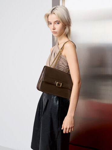 Neva Chain-Strap Shoulder Bag, Dark Brown, hi-res