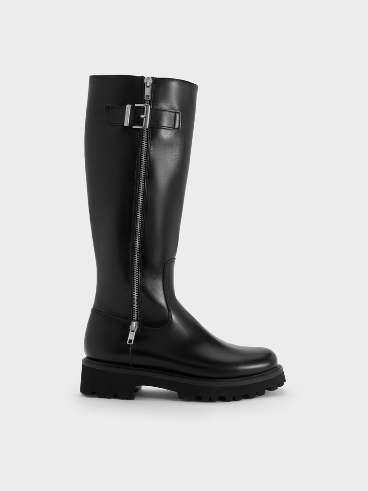 Lyndon Buckled Side-Zip Knee-High Boots, Black, hi-res